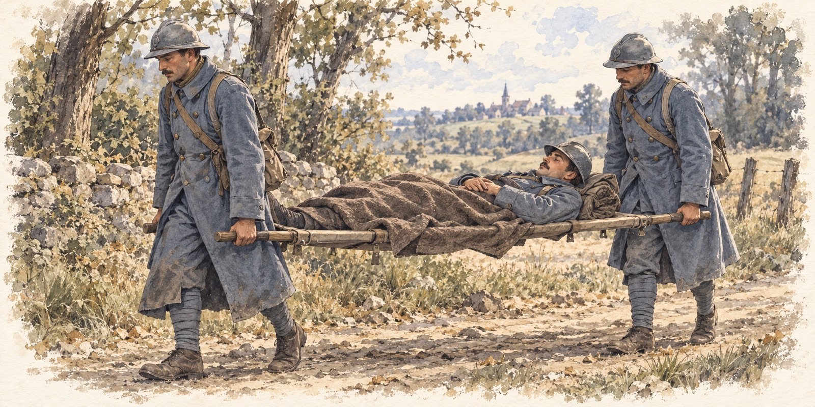 Dessin de deux brancardiers français transportant un blessé pendant la Première Guerre mondiale
